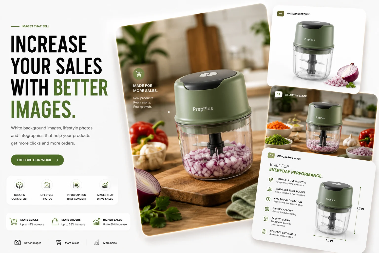 ListingShot hero banner showing Amazon listing image services with white background, lifestyle, and infographic examples.