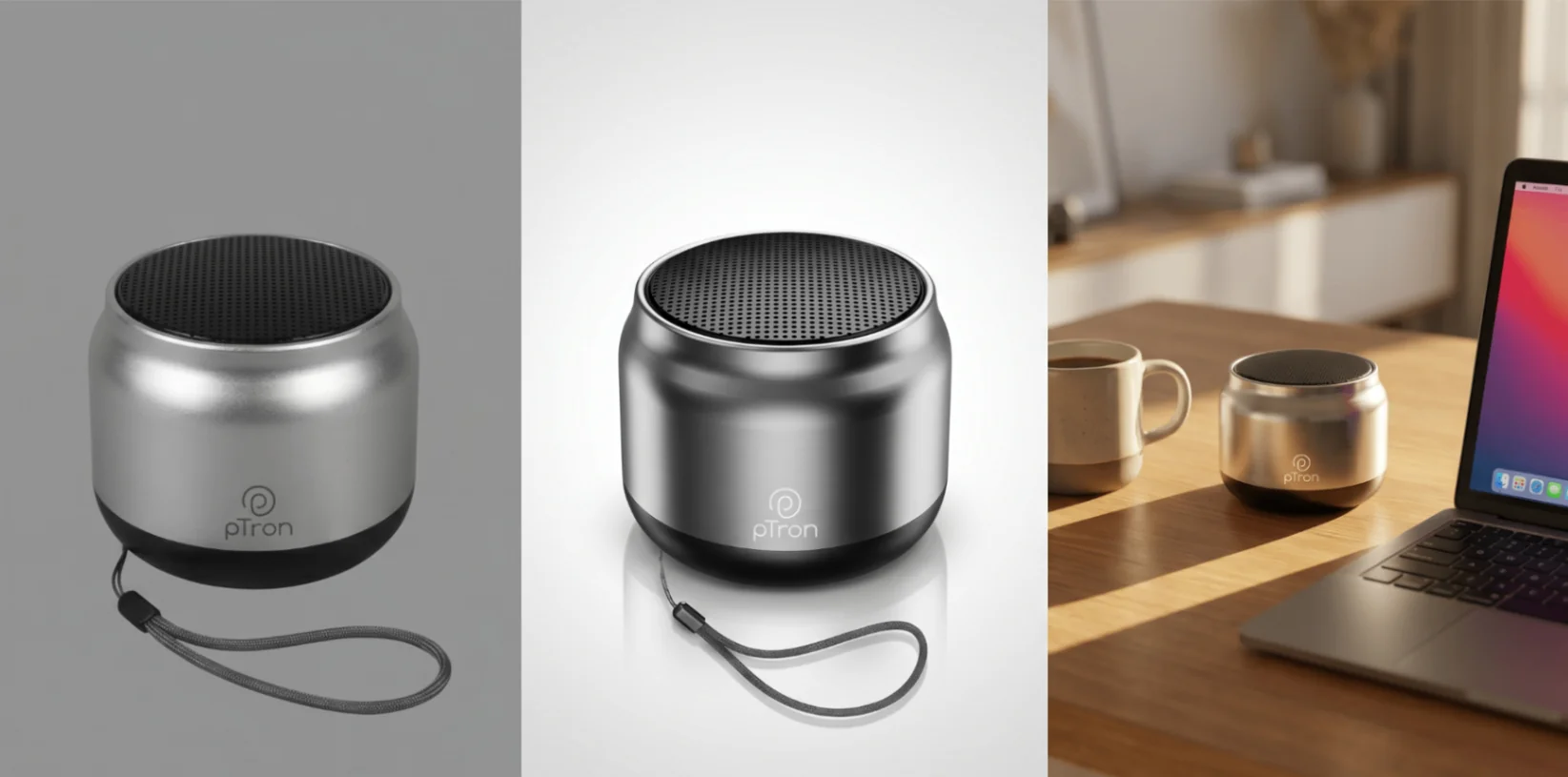 Electronics photography showcase with client image, refined product image, and lifestyle scene for a portable speaker.