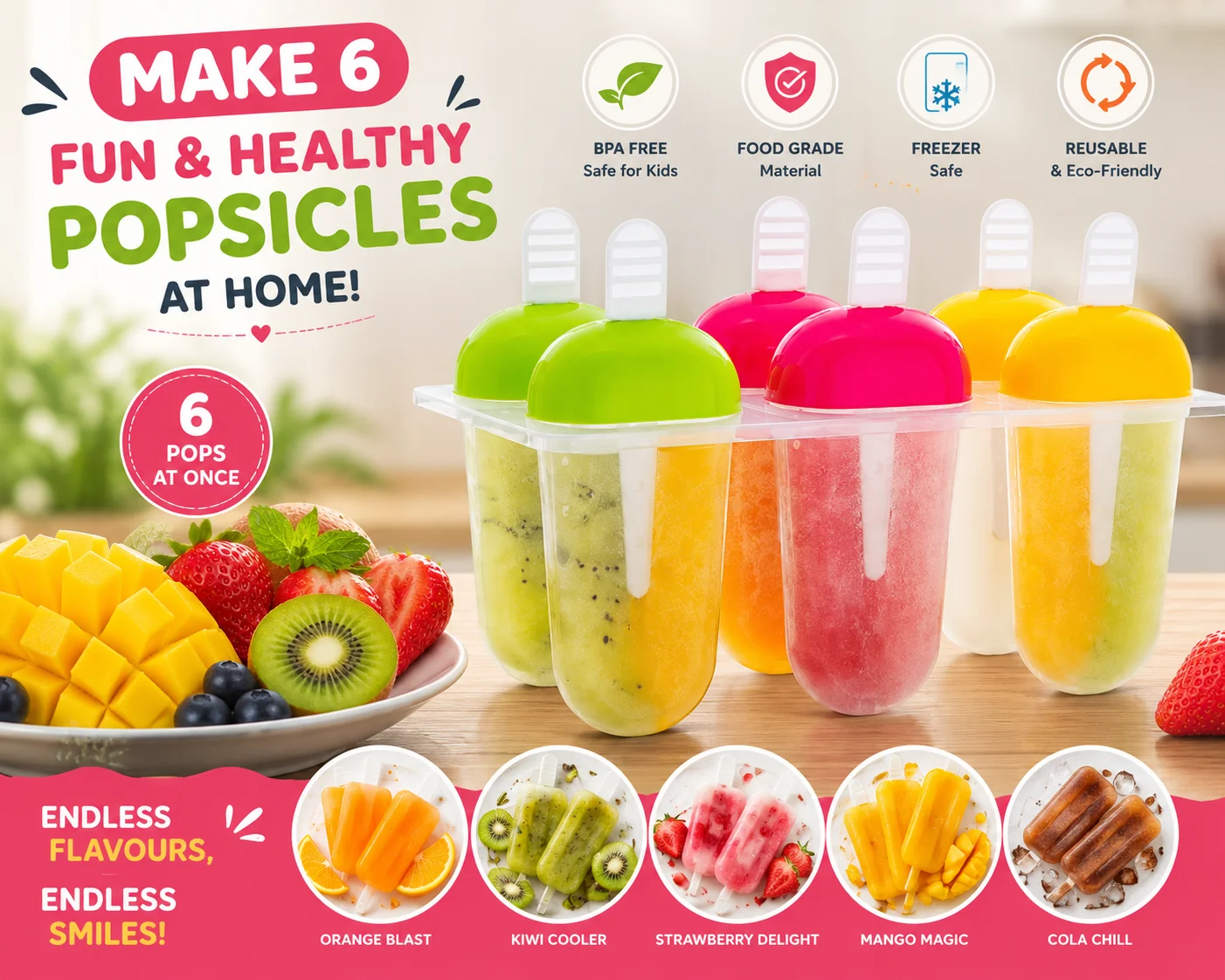 Popsicle mould infographic highlighting six popsicles at once and fun flavors.