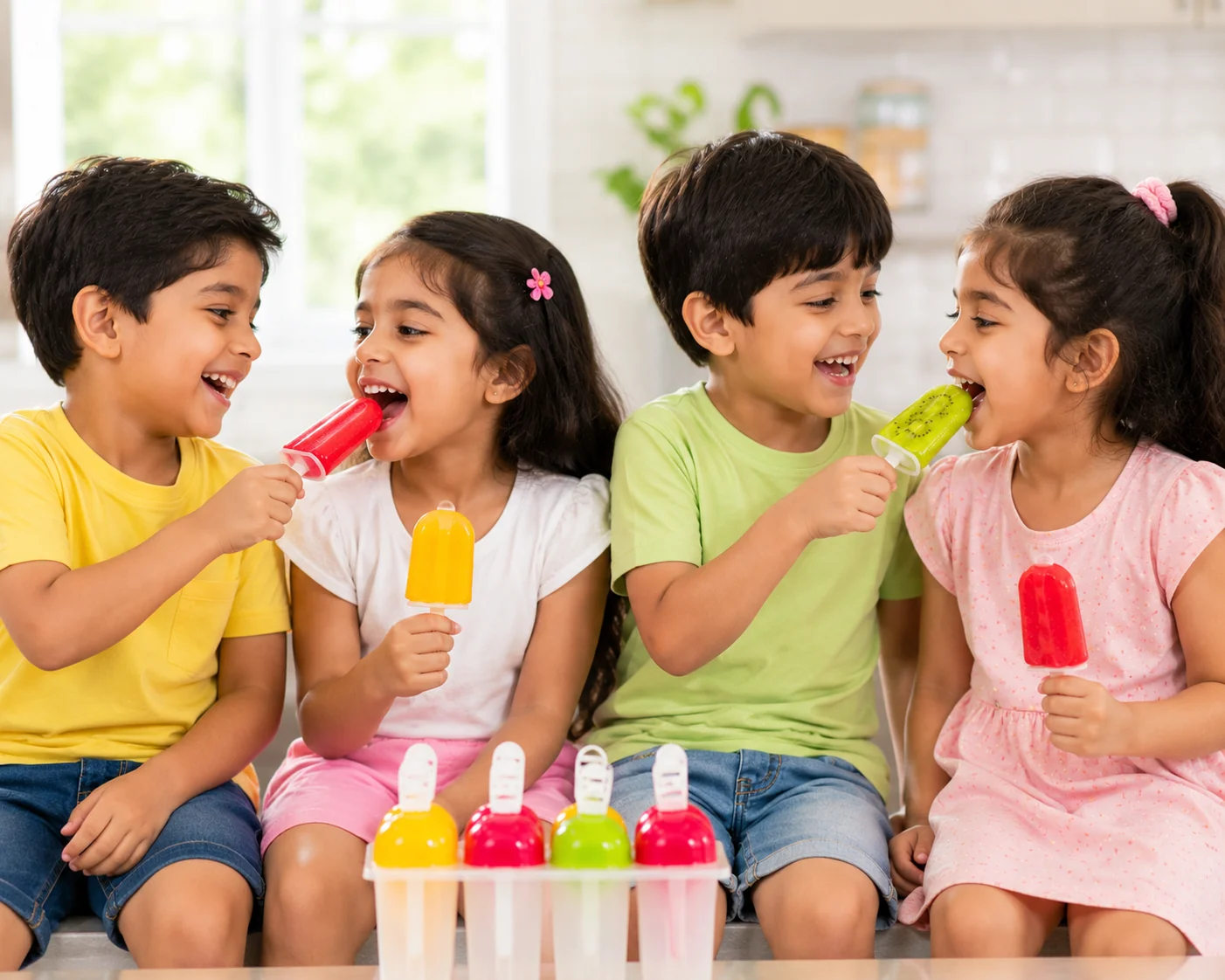 Children enjoying popsicles with the popsicle mould set in front of them.