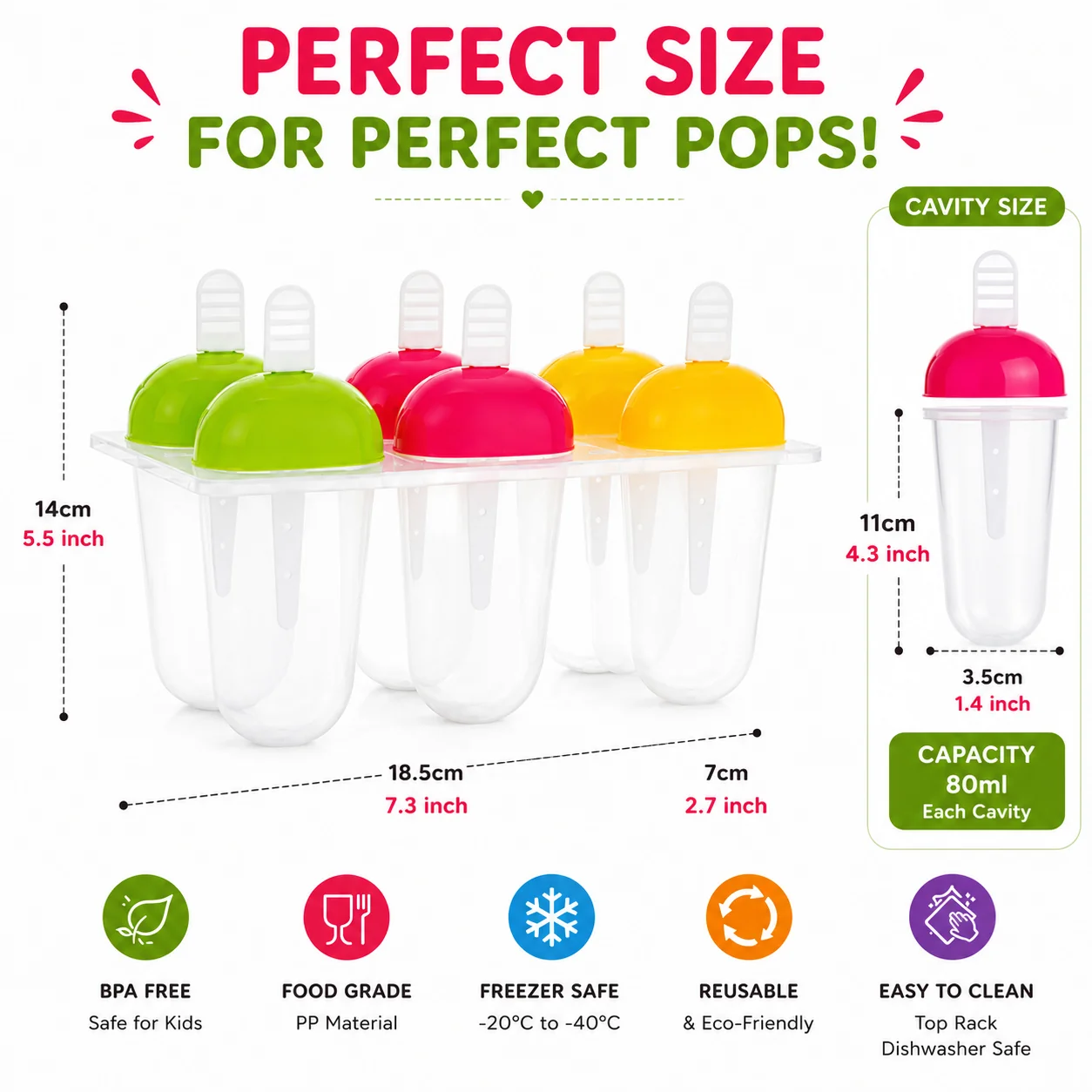 Popsicle mould dimensions and capacity infographic.