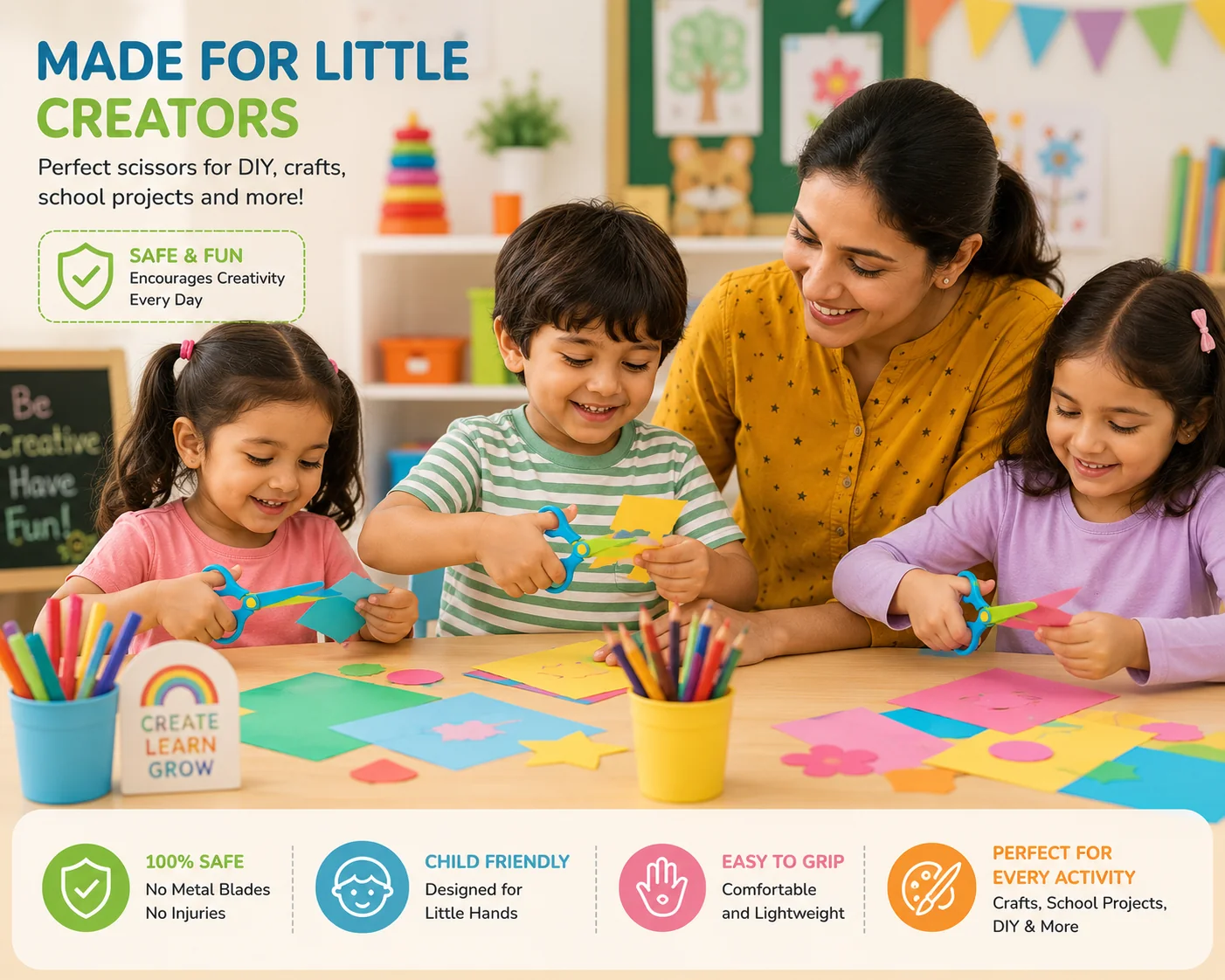 Kids using safety scissors for crafts and creating.