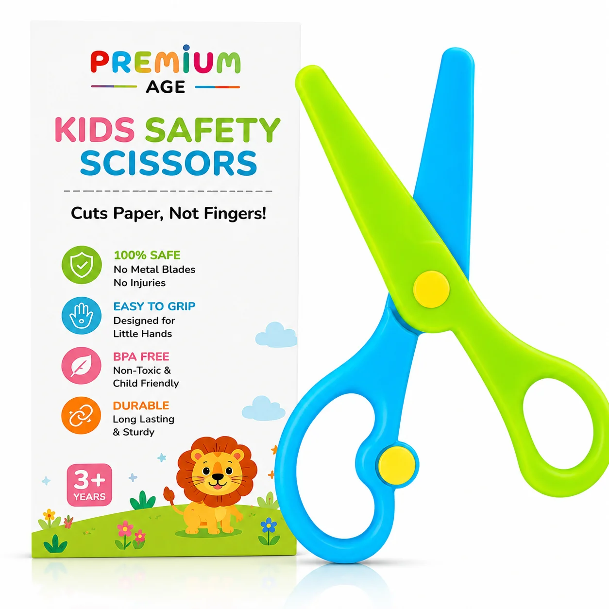 Kids safety scissors with retail packaging.