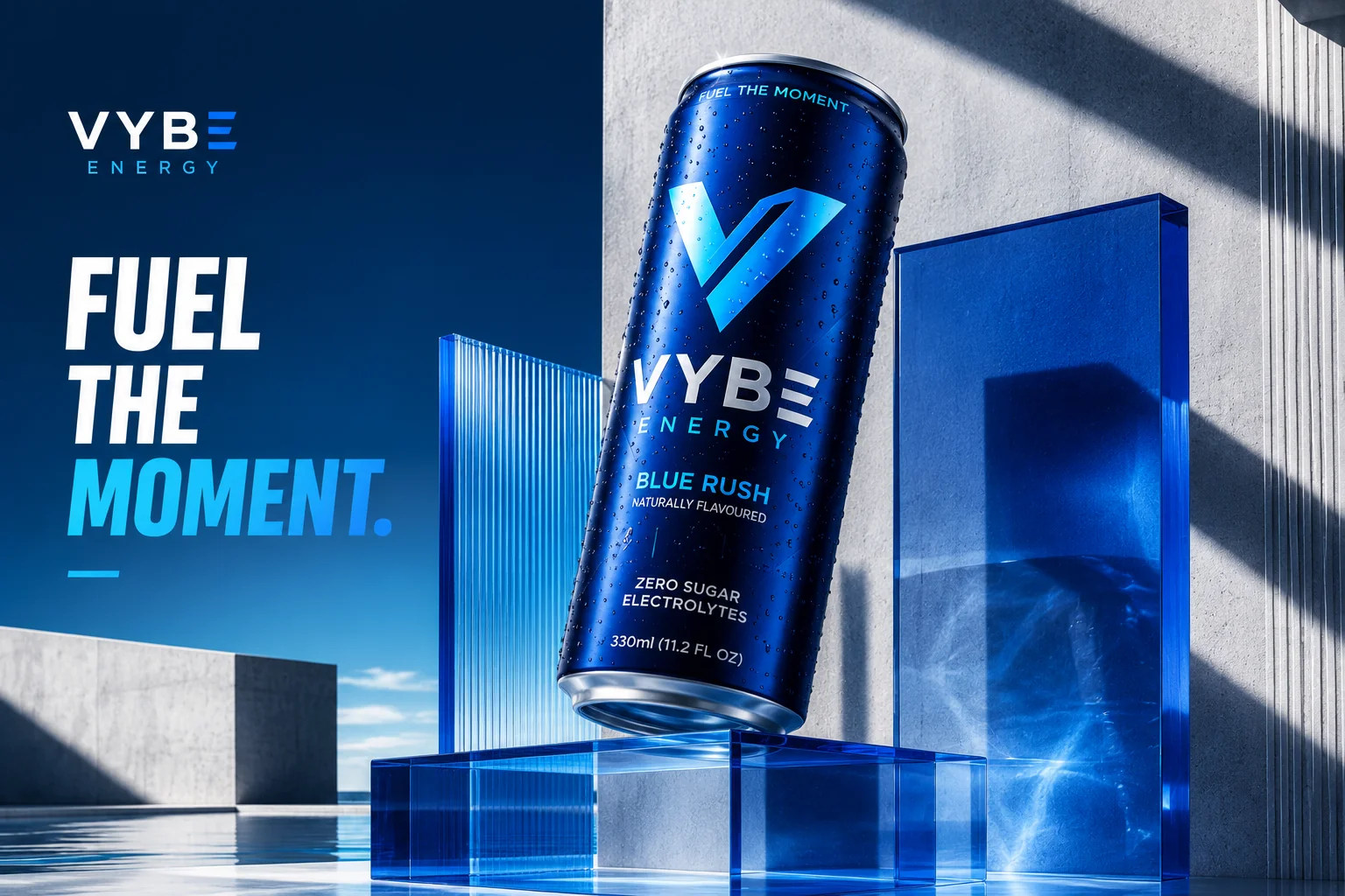 Vybe Energy branding visual with the can floating over translucent blue blocks.