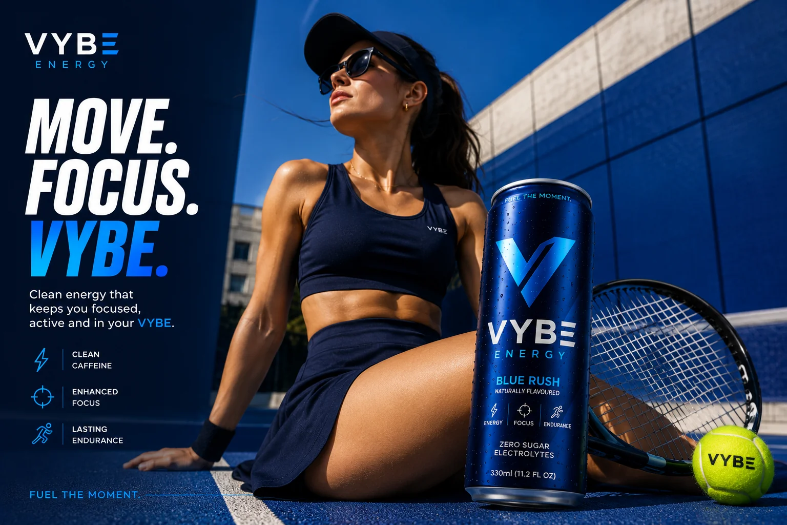 Vybe Energy lifestyle campaign featuring a female athlete seated on a tennis court with the can.
